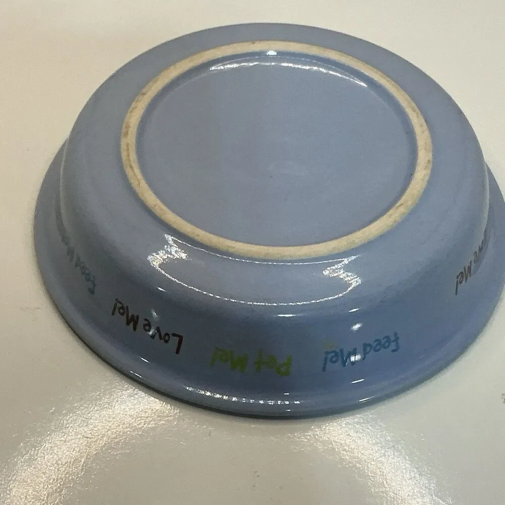 ROOM Creative Color Me Happy Pet Bowl Blue Stoneware Feed Me Love Me 6”